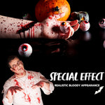 Person with realistic bloody effects on a dark background with Halloween-themed props.