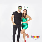Two people in costumes with a colorful logo in the corner