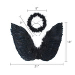 Black feather wings with measurements on a white background
