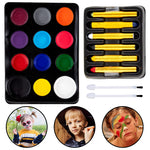 Face painting kit with colors, brushes, and examples of face painting on children's faces.