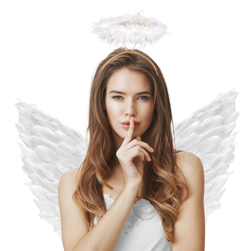 Woman with angel wings and halo on a white background