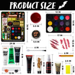 Halloween makeup kit with measurements of various products