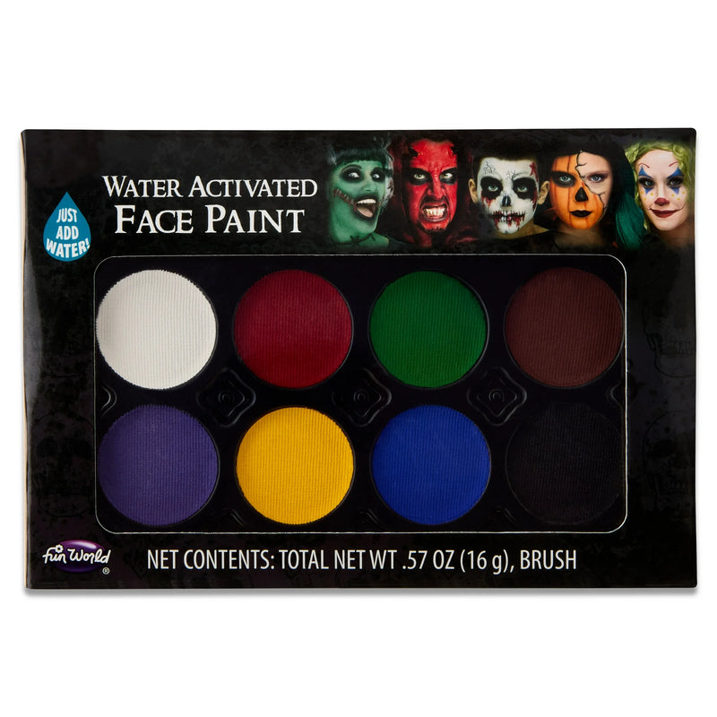 Box of water-activated face paint with colorful applicators and faces on a white background