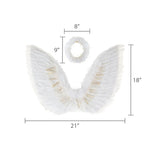 White angel wings with measurements on a white background