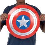 Person holding a Captain America shield against a white background