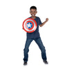 Child holding a Captain America shield on a white background