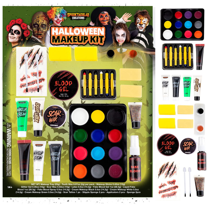 Halloween makeup kit with various tools and colors on a green background