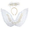 White angel wings with gold accents and a halo on a white background