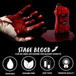 Stage blood product with a hand covered in fake blood, a bottle of stage blood, and product features on a black background.