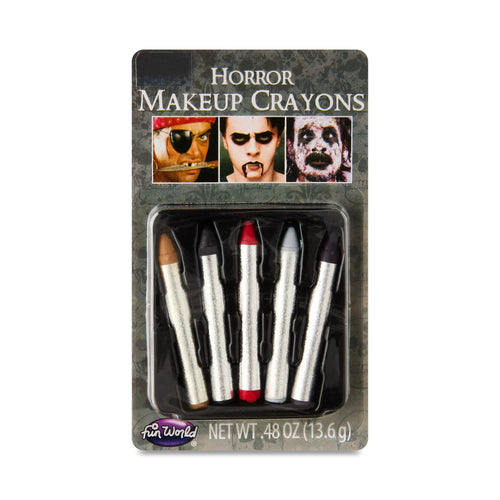 Packaged horror makeup crayons with a gray background