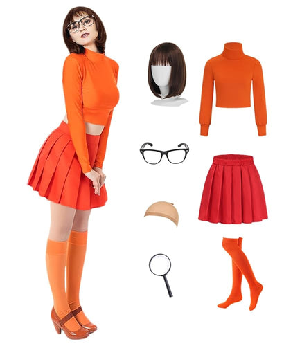 Costume set with orange top, red skirt, glasses, and other accessories on a white background