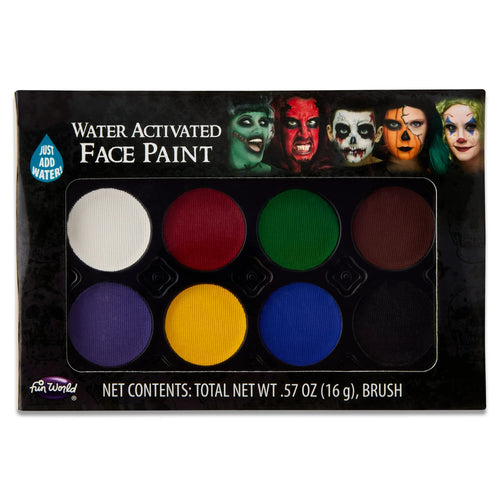 Box of water-activated face paint with colorful applicators and faces on a white background
