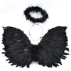 Black feather angel wings and halo on a white background