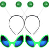 Green sunglasses with blue lenses, two black headbands, and four green spherical objects on a white background.